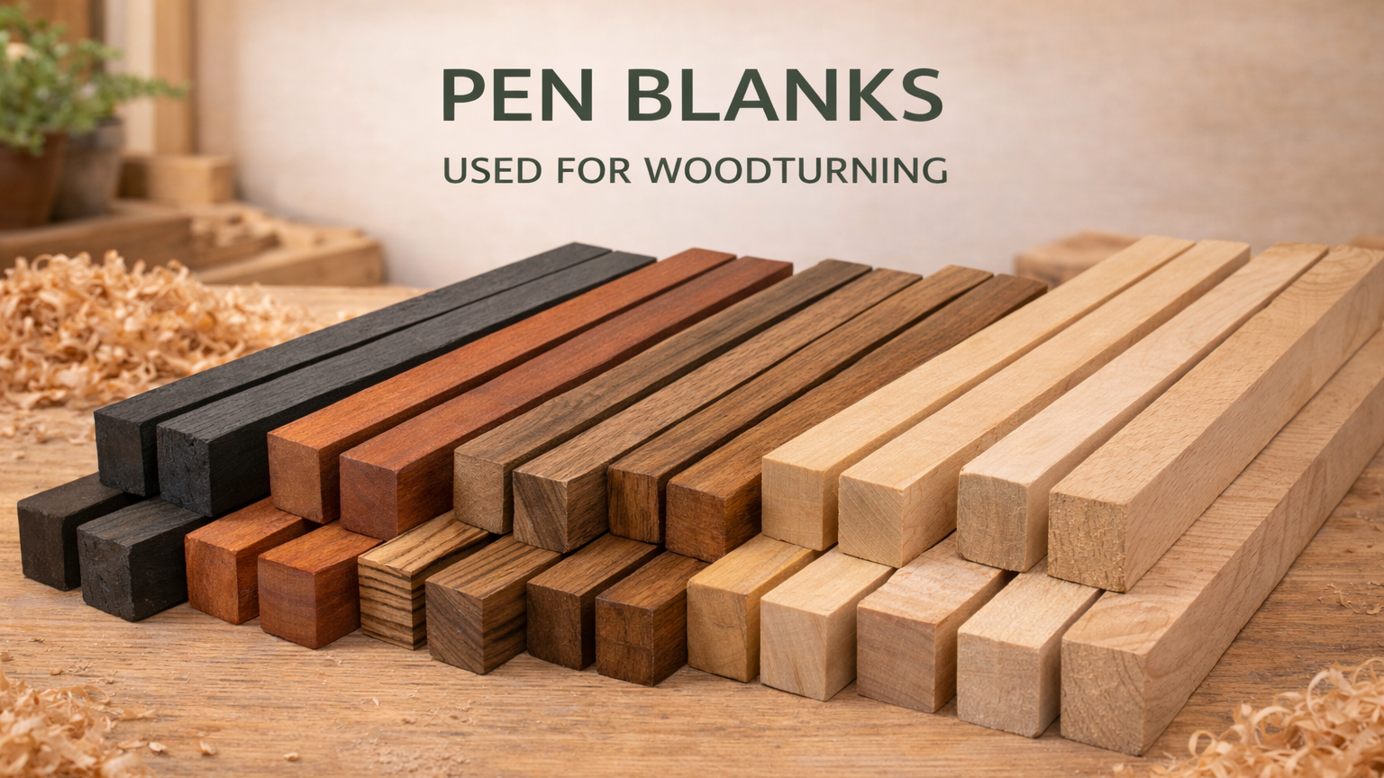 Wooden pen blanks used for woodturning on a wooden surface with 'PEN BLANKS USED FOR WOODTURNING' text.